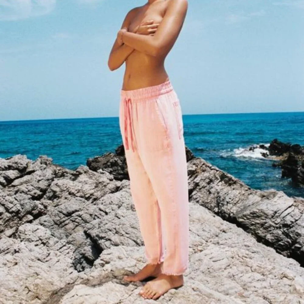 Zara Raw Hem Trousers Pink Linen Blend High Rise Utility Joggers
